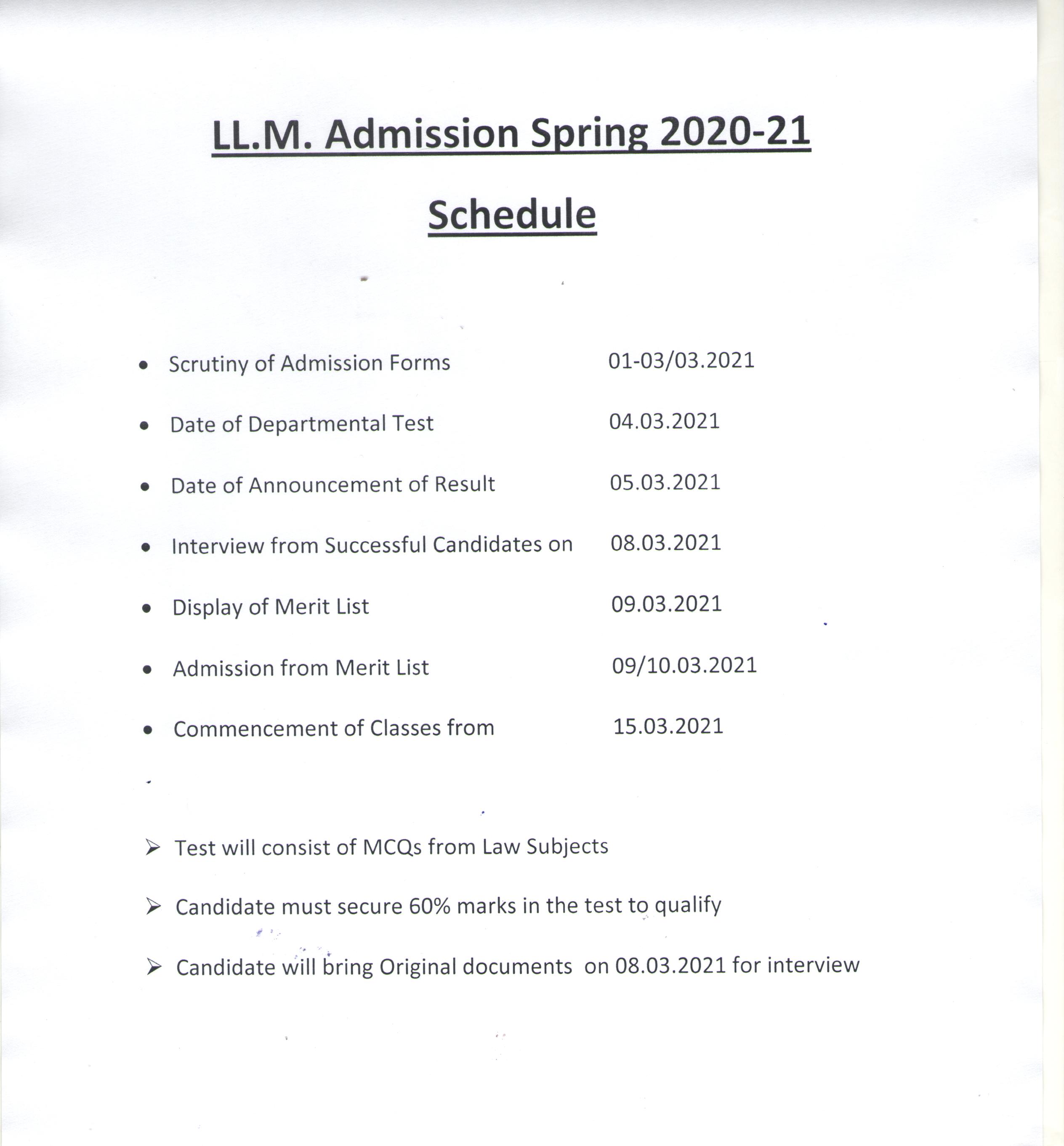 LL.M. Admission Spring 2020-21 Schedule